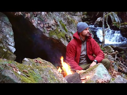 3 Day Solo Primitive Shelter Build and Sleeping in a Cave by a Waterfall