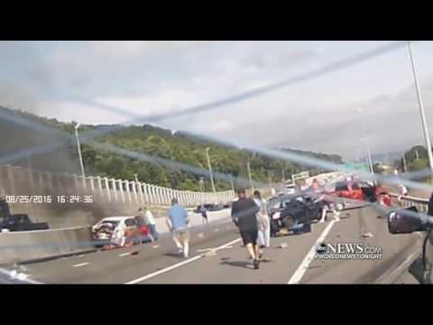 Massive Car Pileup, Dramatic Rescue Caught on Dashcam