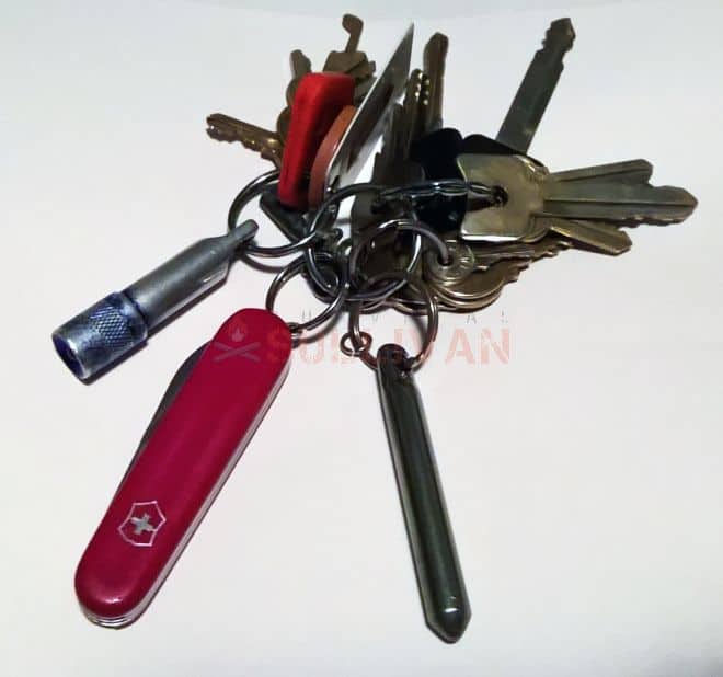 keychain with keys, mini-flashlight and mini-Swiss army knife
