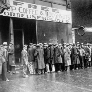 men queued outside a depression soup kitchen