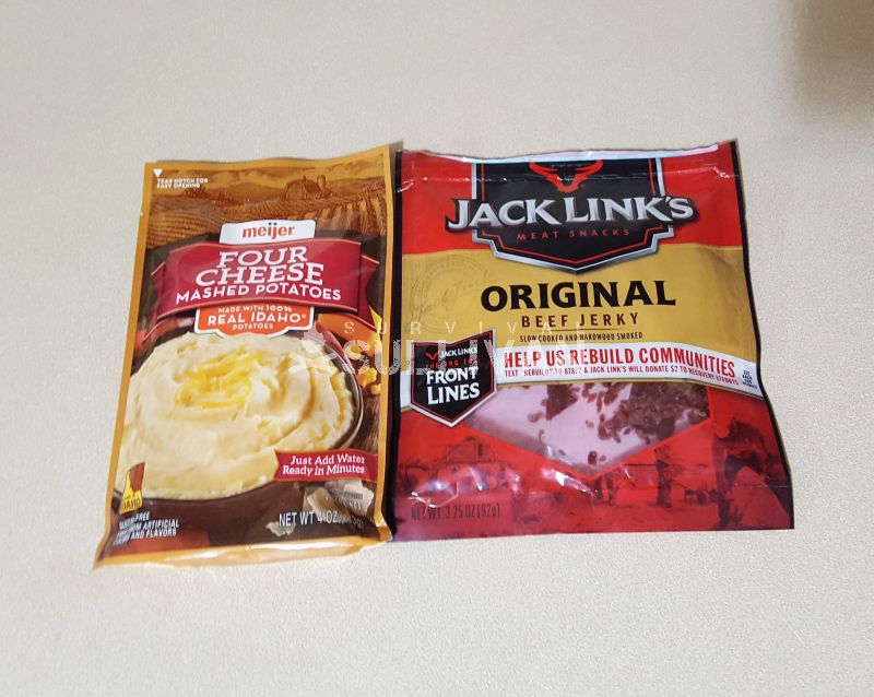 packs pf beef jerky and mashed potatoes