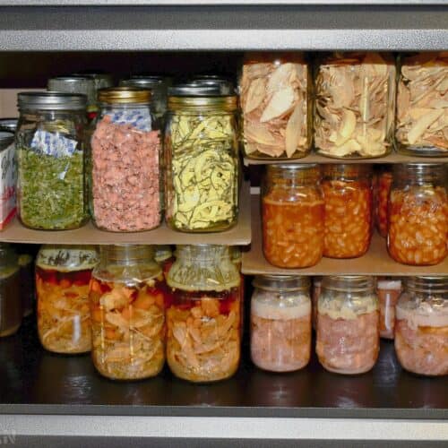 Home (pressure) canned and dehydrated long term pantry meals and sides.
