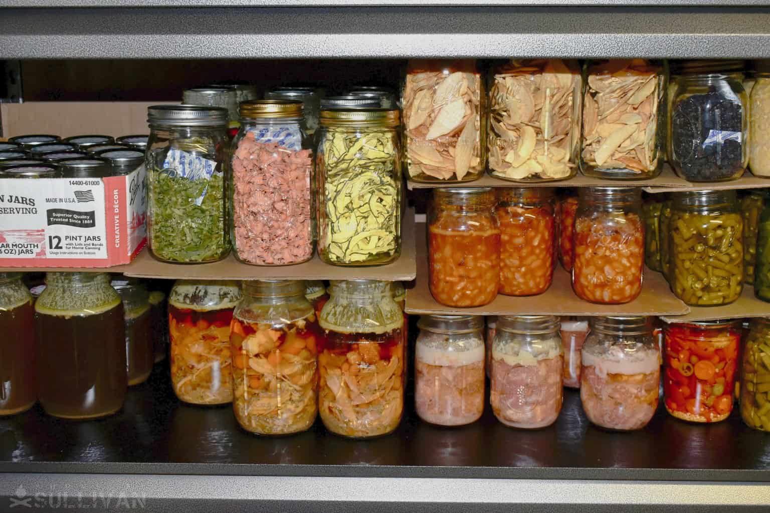 Home (pressure) canned and dehydrated long term pantry meals and sides.
