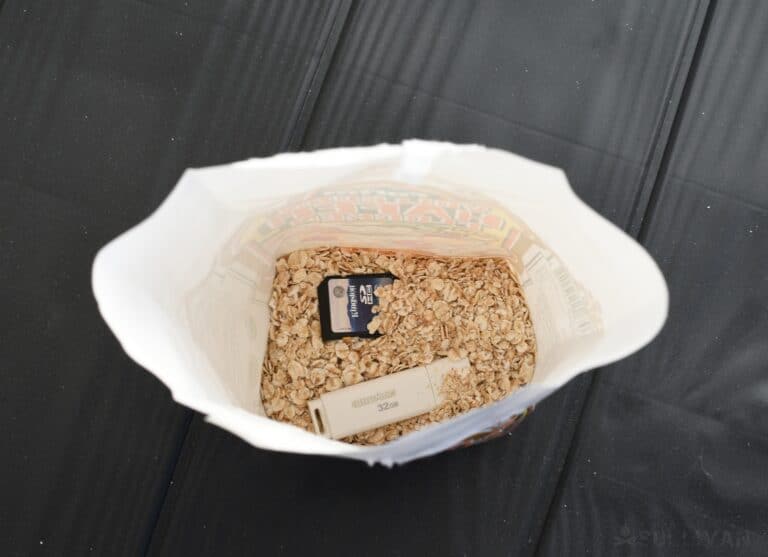 SD card and memory stick hidden inside oatmeal box