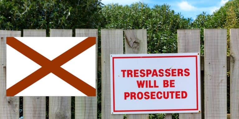 flag of Alabama next to "no trespassing" sign