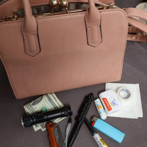 flashlight, tactical pen, folding knife, and more next to pink purse