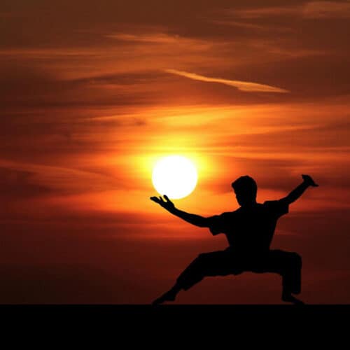 man practicing martial arts at sunset