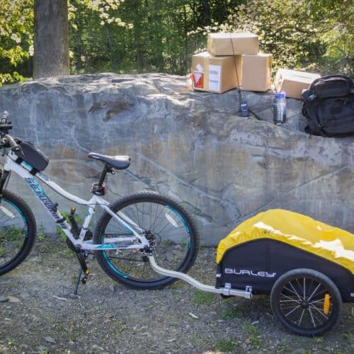 bike with trailer attached and survival supplies
