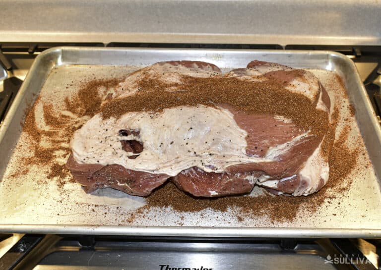cured pork shoulder ready to be rubbed with the final spices
