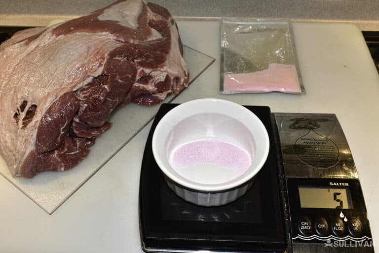 curing salt weighed out for curing a pork shoulder