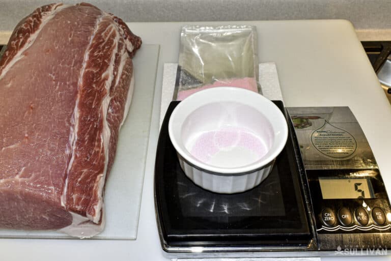 Curing salt weighed out to cure a pork loin that weighed about 3200 grams