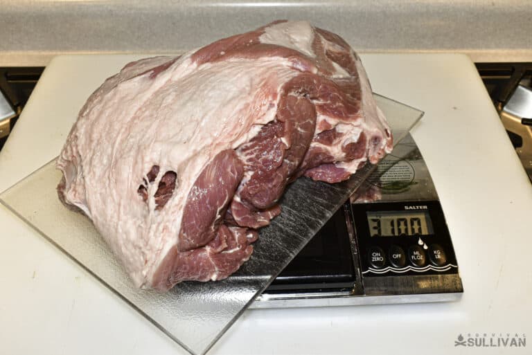 deboned pork shoulder weighed and ready for curing spices