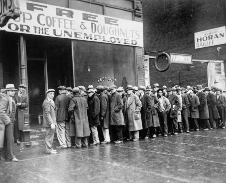 unemployed men outside food kitchen during the Great Depression