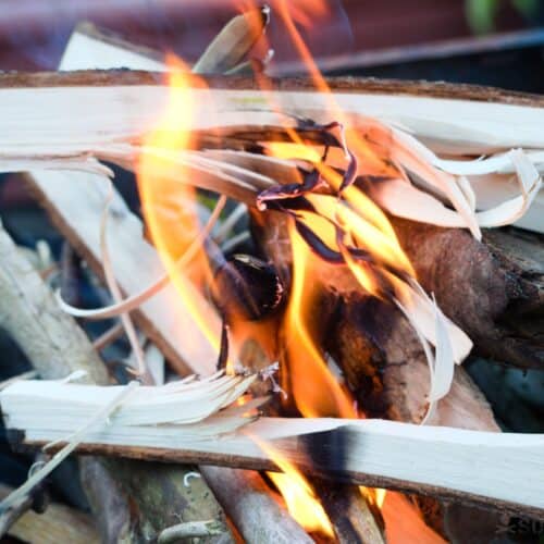 feather sticks burning in outdoor fire
