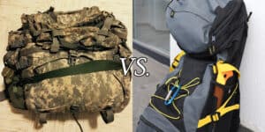tactical backpack on the left, hiking backpack on the right