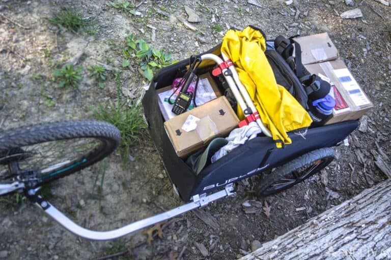 bike trailer loaded with supplies