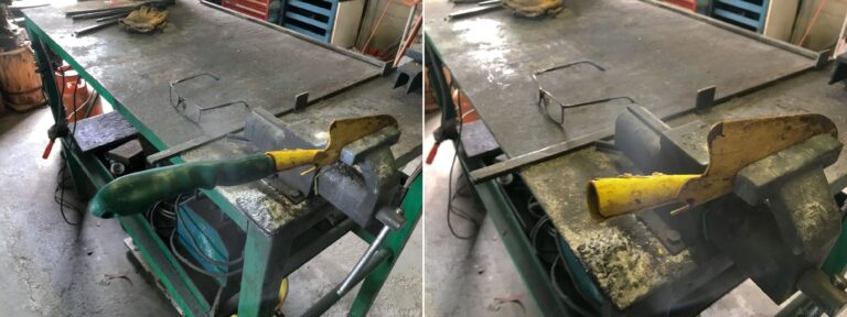 garden spade on work bench in vice before and after removing handle