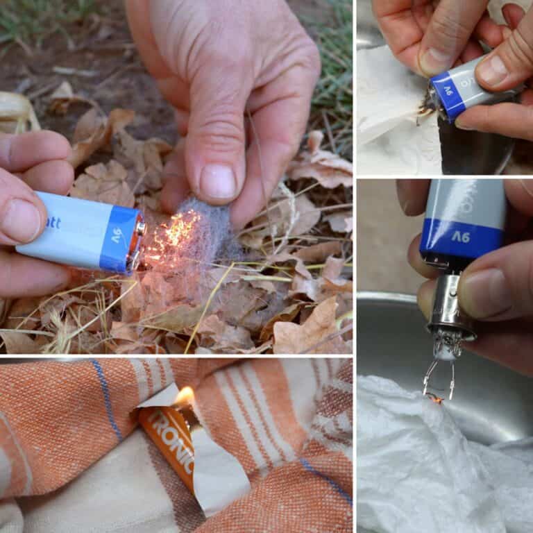 starting a fire with a battery collage