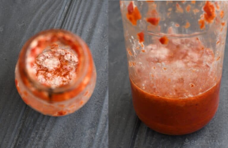 moldy red pepper paste in glass bottle (top and side view)