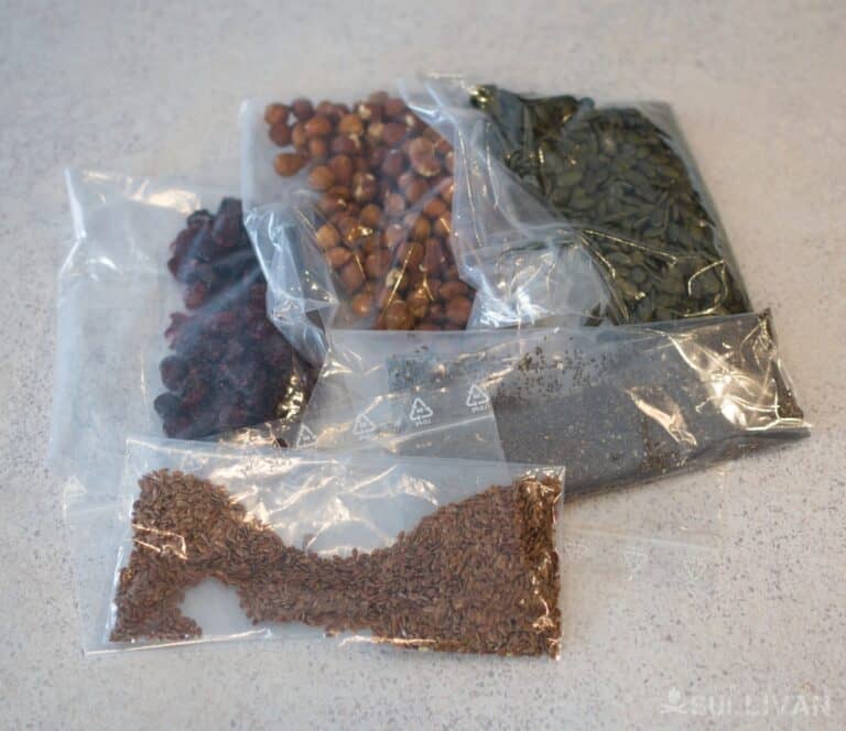pumpkin seeds, dried cranberries, flax seeds, chia seeds, and nuts in Zipper bags