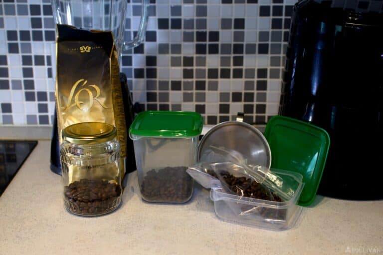 coffee beans in zipper bag tupperware container and original packaging
