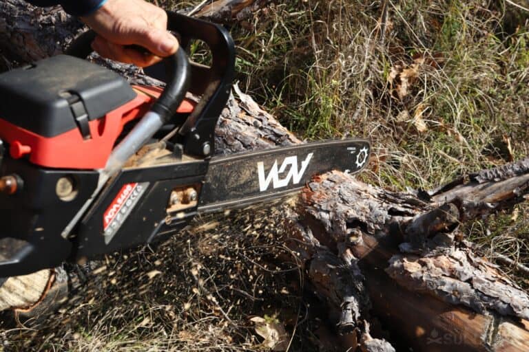 cutting pinewood branch with chainsaw