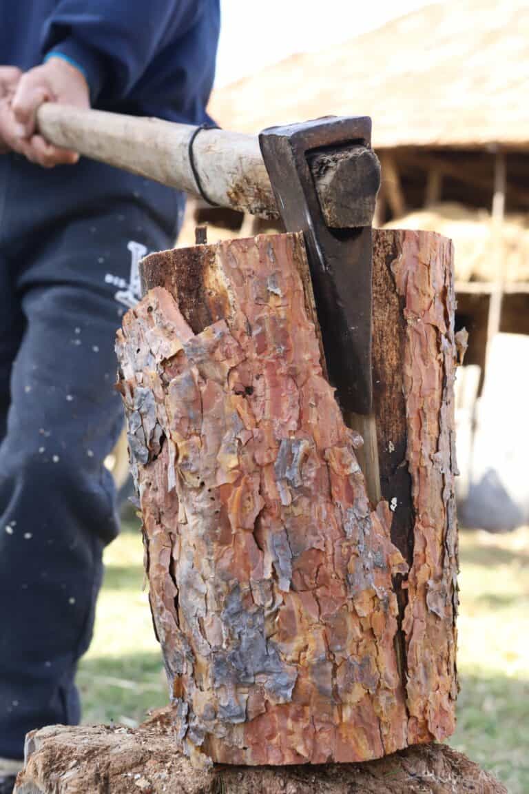 splitting pinewood log with axe