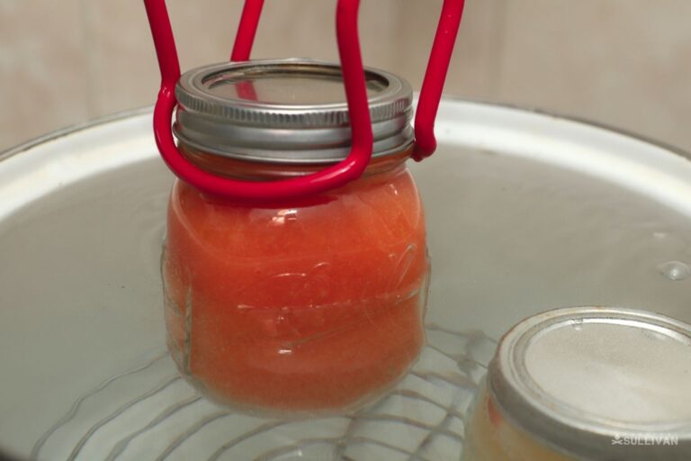 loading tomato sauce jar into water bath